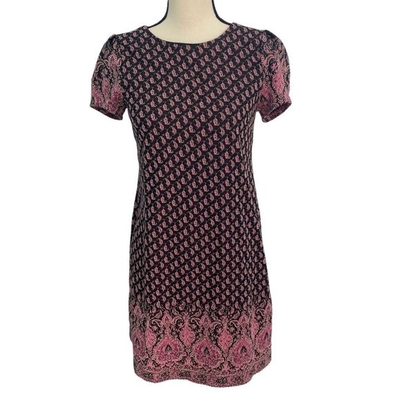 Maeve Anthropologie Pink Black Paisley Shift Dress Sz Small Short Sleeve Midi - Picture 1 of 15